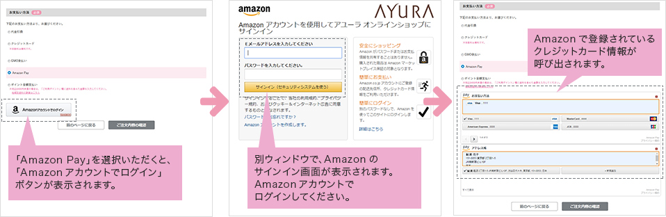 「Amazon Pay」を選択いただくと、「Amazonアカウントでログイン」ボタンが表示されます。→別ウィンドウでAmazonのサインイン画面が表示されます。Amazonアカウントでログインしてください。→Amazonで登録されているクレジットカード情報が呼び出されます。