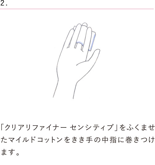 「クリアリファイナー センシティブ」をふくませた「マイルドコットン」をきき手の中指に巻きつけます。