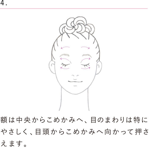 額は中央からこめかみへ、目のまわりは特に優しく、目頭からこめかみへ向かって押さえます。