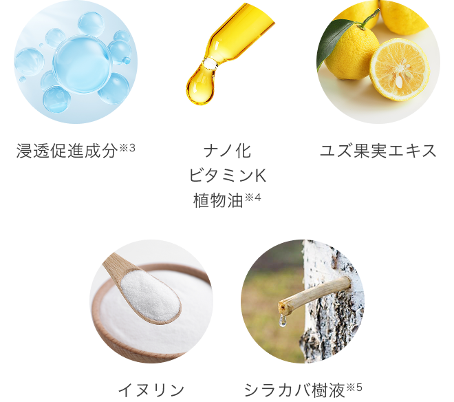 浸透促進成分※3 ナノ化ビタミンK植物油※4 ユズ果実エキス イヌリン シラカバ樹液※5